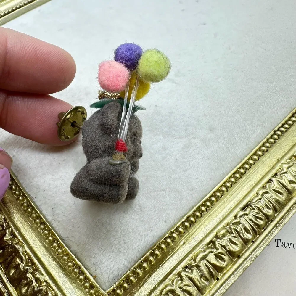 Vintage 80s brown flocked birthday bear pin hat and balloons brooch
